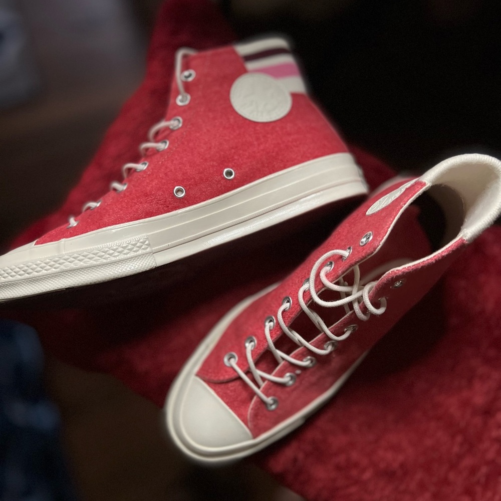 Red felt varsity high tops